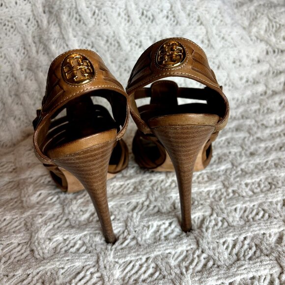 Tory Burch Nadia Huarache Sandals Women's 9 M Tan Leather Open Toe Heels‎ Logo - Picture 1 of 11